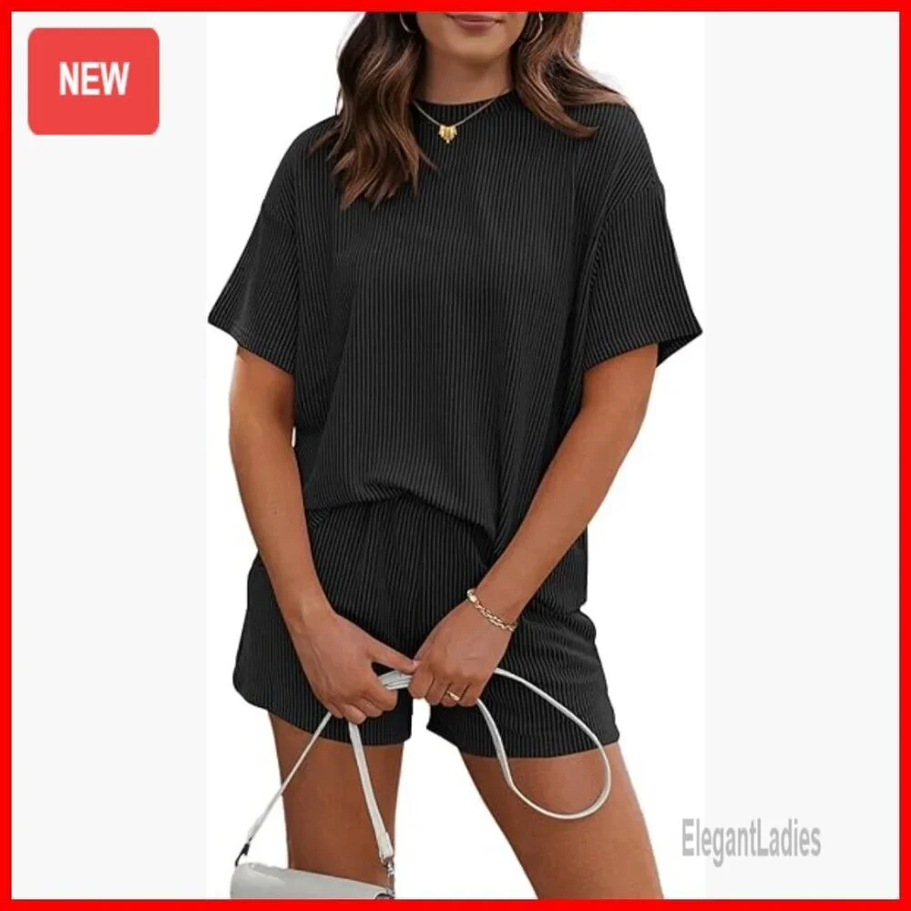 Ribbed Knit Lounge Set Short Sleeve Top and Shorts Matching Outfit